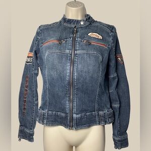 Harley Davidson Women’s Vintage Denim Jean Jacket Patches Zippers Fitted SZ S
